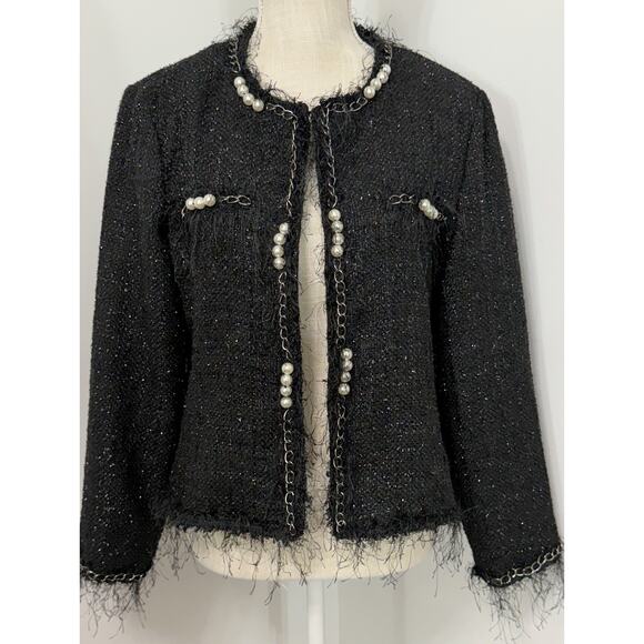 Michael Simon Pearl Embellished Tweed Eyelash Black Jacket Blazer Size Medium M - Picture 1 of 2